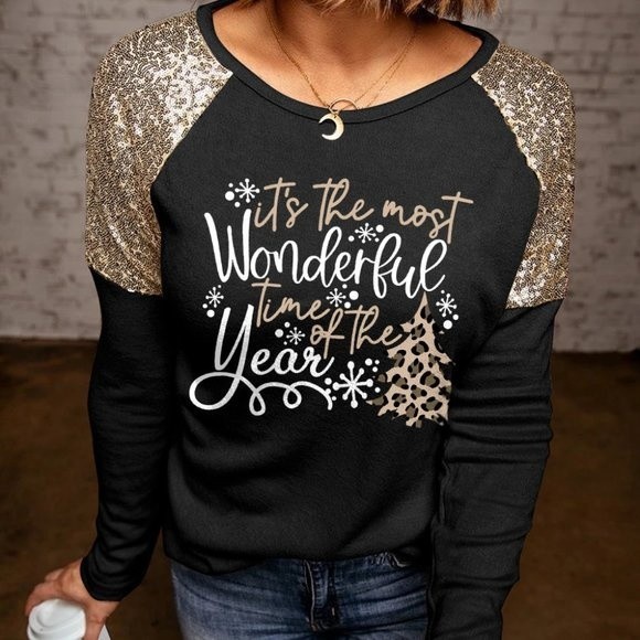 Sweaters - Black Its the most Wonderful time of year Christmas Season Sequin Shoulder Top